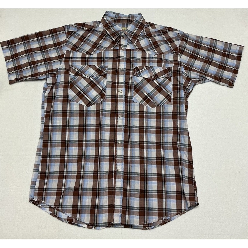 Bit & Bridle Mens Large Plaid Western Pearl Snap Shirt Brown Blue Short Sleeve